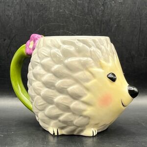 Cute Hedgehog Mug Green Handle Purple Flower Handle Coffee Tea Cup Quirky 16 oz